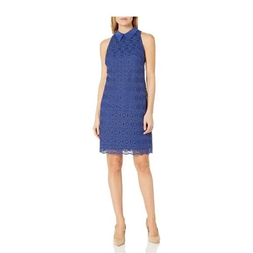 NWT Trina Turk Cat's Cradle Collared Geo Lace Sheath Dress sz 2 Blue